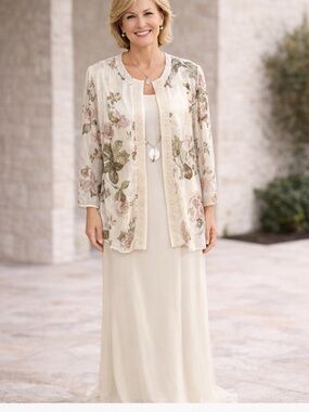 R&M Richards Cream Floral Jacket Dress Setu